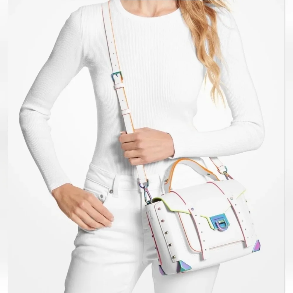 Michael Kors Manhattan Medium Contrast Trim Leather Satchel Stud Signature Bag